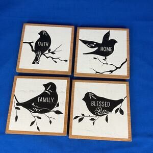 Young's Inc Wood Bird Coasters Set of 4 Faith Home Family Blessed Farmhouse
